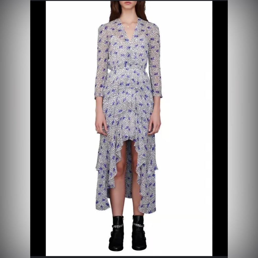 Maje Blue and Black Floral High Low Dress Size 42